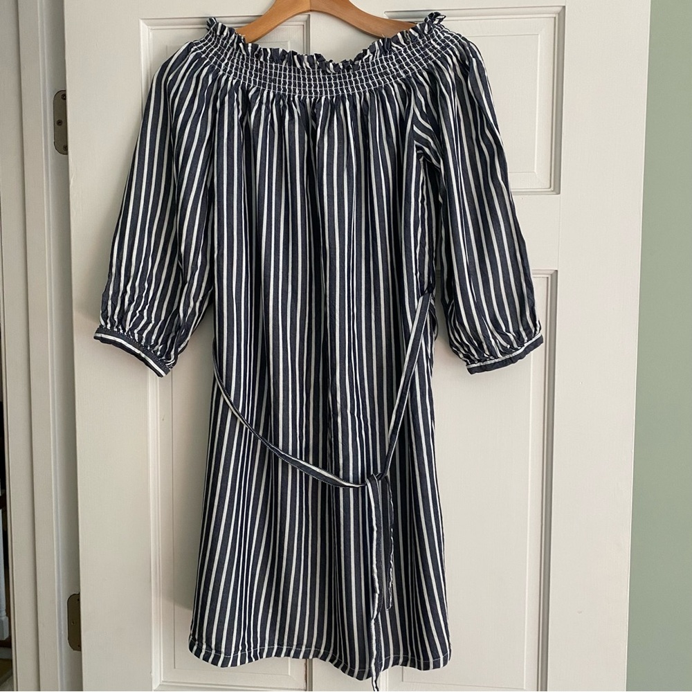 Only Stripe Tie Waist Bardot Dress Off Shoulder Black White 10